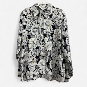 Vintage floral blouse black , white & gray floral vintage polyester button up